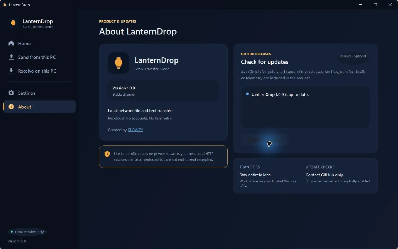 LanternDrop About page reporting that the current stable release is up to date.