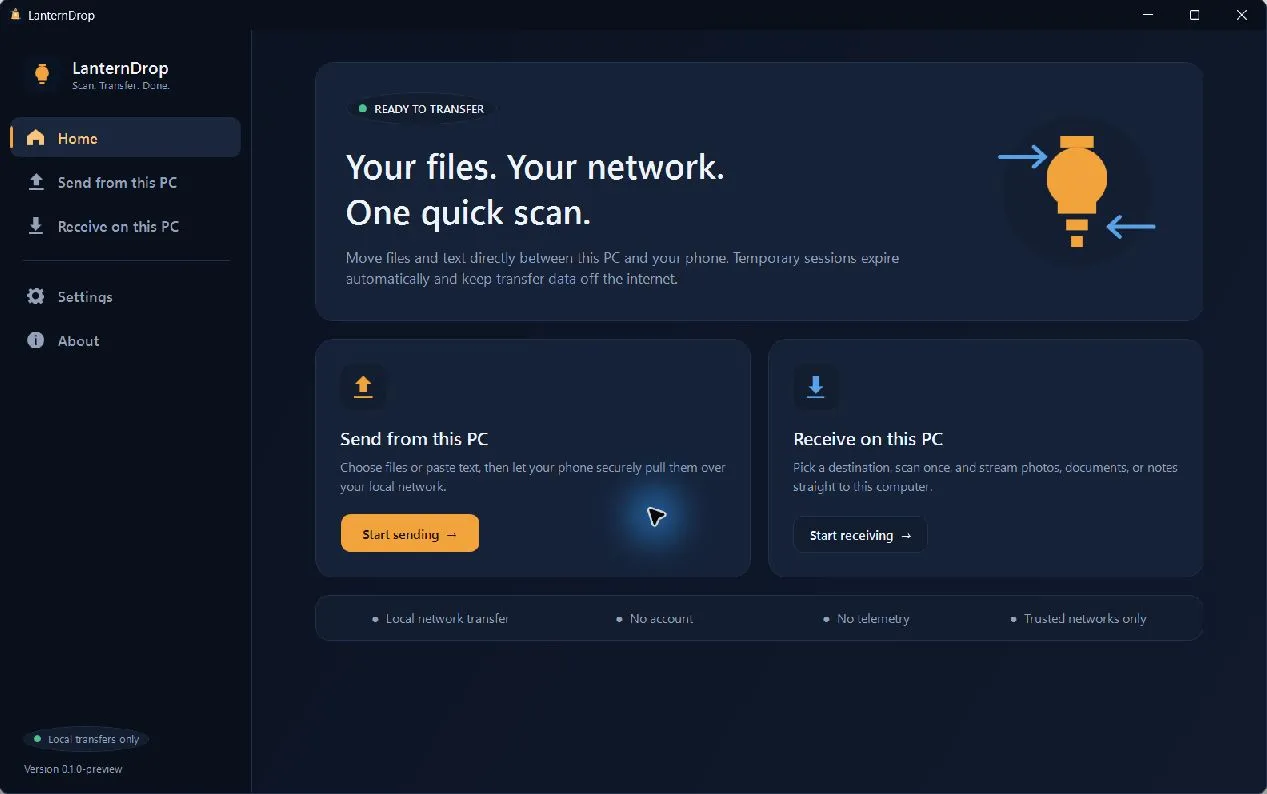 LanternDrop home screen in the dark theme with Send from this PC and Receive on this PC actions.