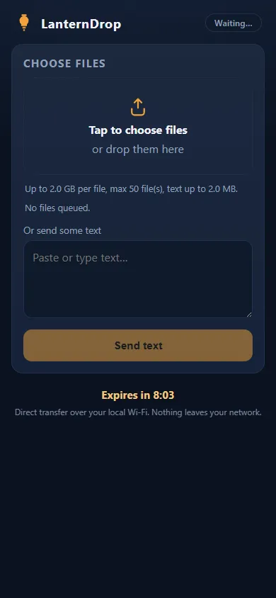 Phone browser choosing files or text to send to the PC.