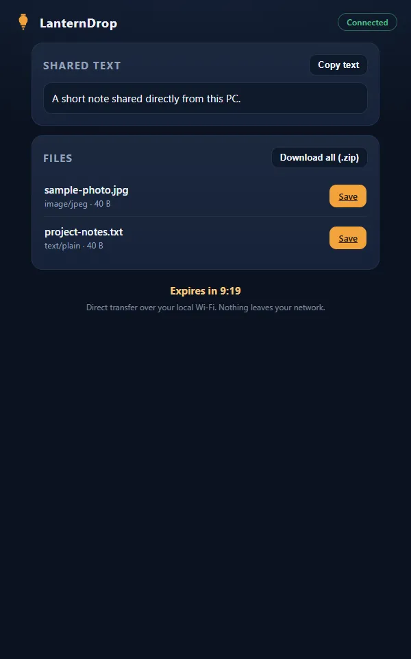 Phone browser receiving files and text shared from the PC.