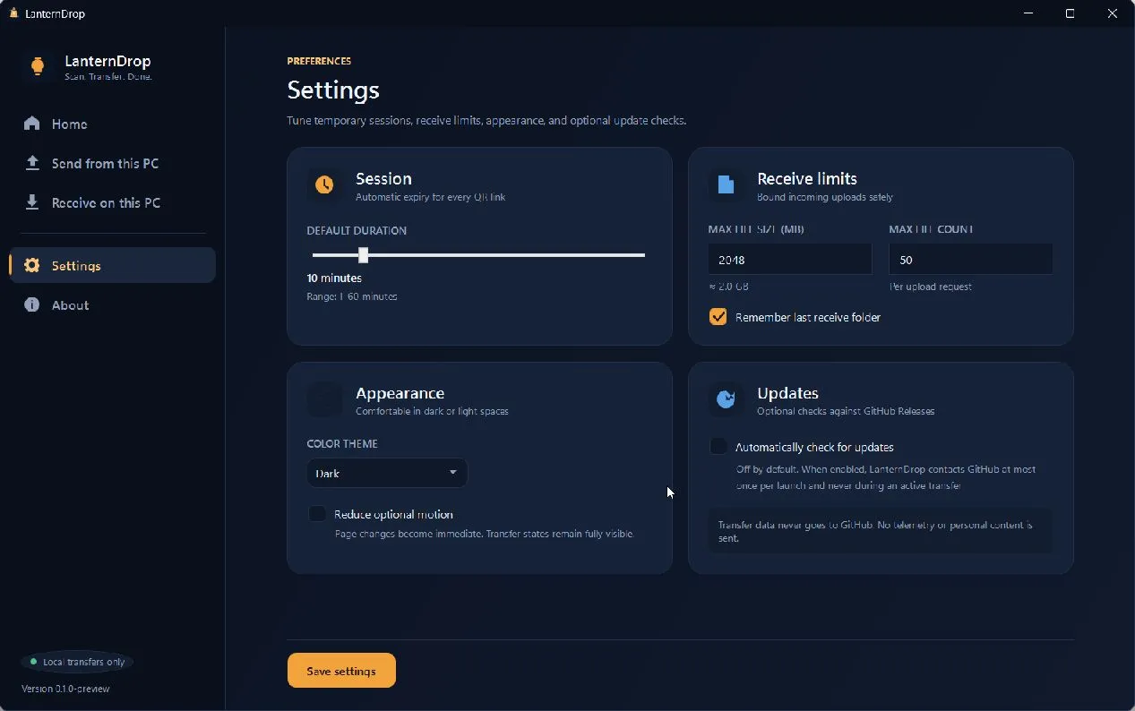 LanternDrop settings in the dark theme.