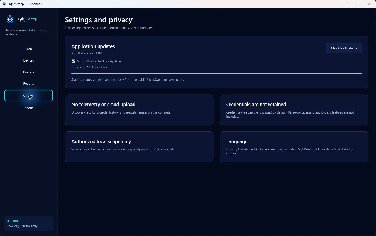 SightSweep settings for update checks.