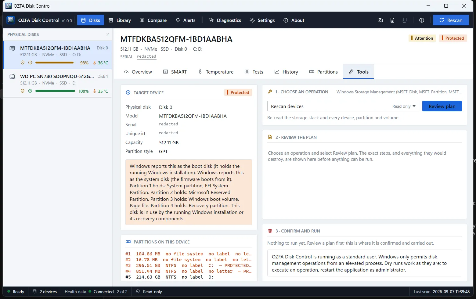 The Disk tools page in the light theme showing a planned operation awaiting confirmation.